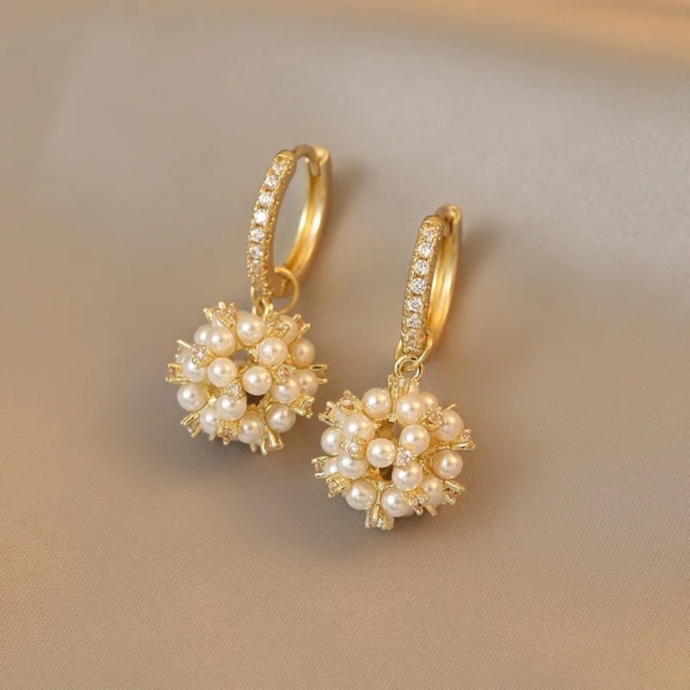 Mini Diamond Hoop Pearl Ball Cluster Minimalist Simple Luxury Gift Gold Earring - Picture 5 of 5